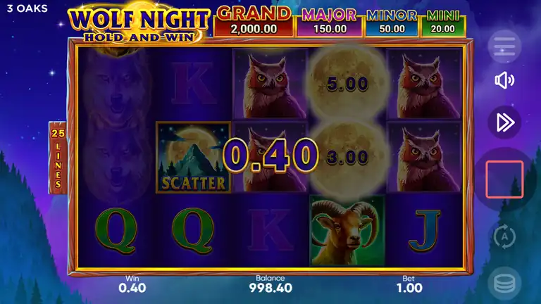 Wolf Night demo - 5x3 slot reel grid with wolf symbols and jackpot tier display. Click to play.
