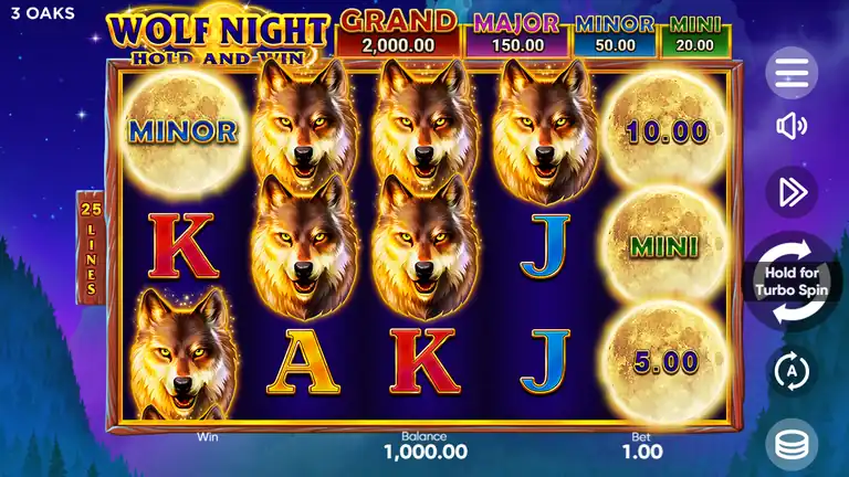 Wolf Night demo at spin 1 showing balance 1,000.00 at bet 1.00