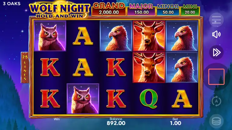 Wolf Night demo at spin 409, balance 892.00 at bet 1.00