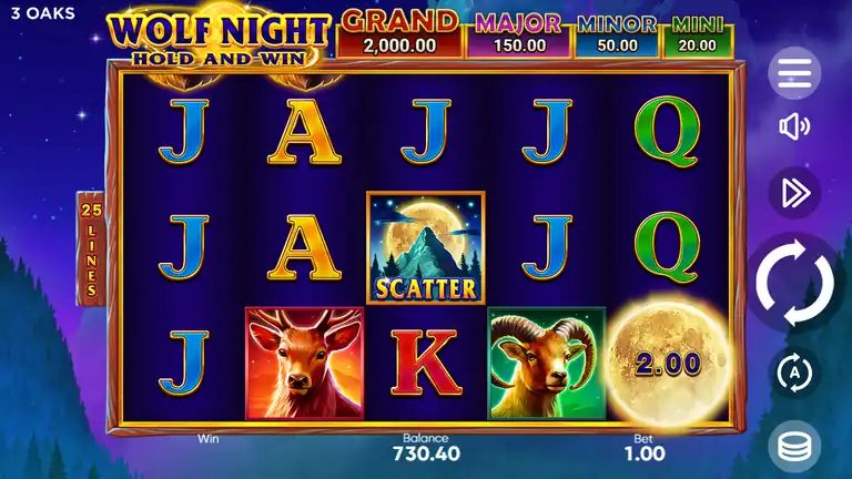 Wolf Night 5x3 reel grid mid-session at spin 830, gameplay showing base reels
