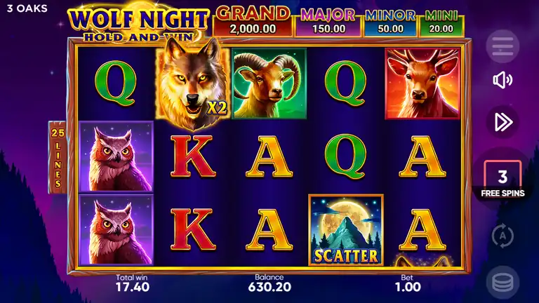 Wolf Night Free Spins in progress at spin 1247, balance 630.20 at bet 1.00, 3 free spins remaining with a WILD x2 on the reels