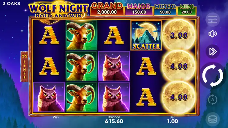 Wolf Night demo at spin 1640, balance 615.60 at bet 1.00, one spin before the 614.60 close