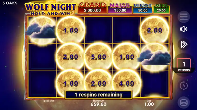 Wolf Night Hold and Win board at spin 964 - Bonus moon coins locked with printed cash values, one respin remaining; the round resolved to 88.0x total bet