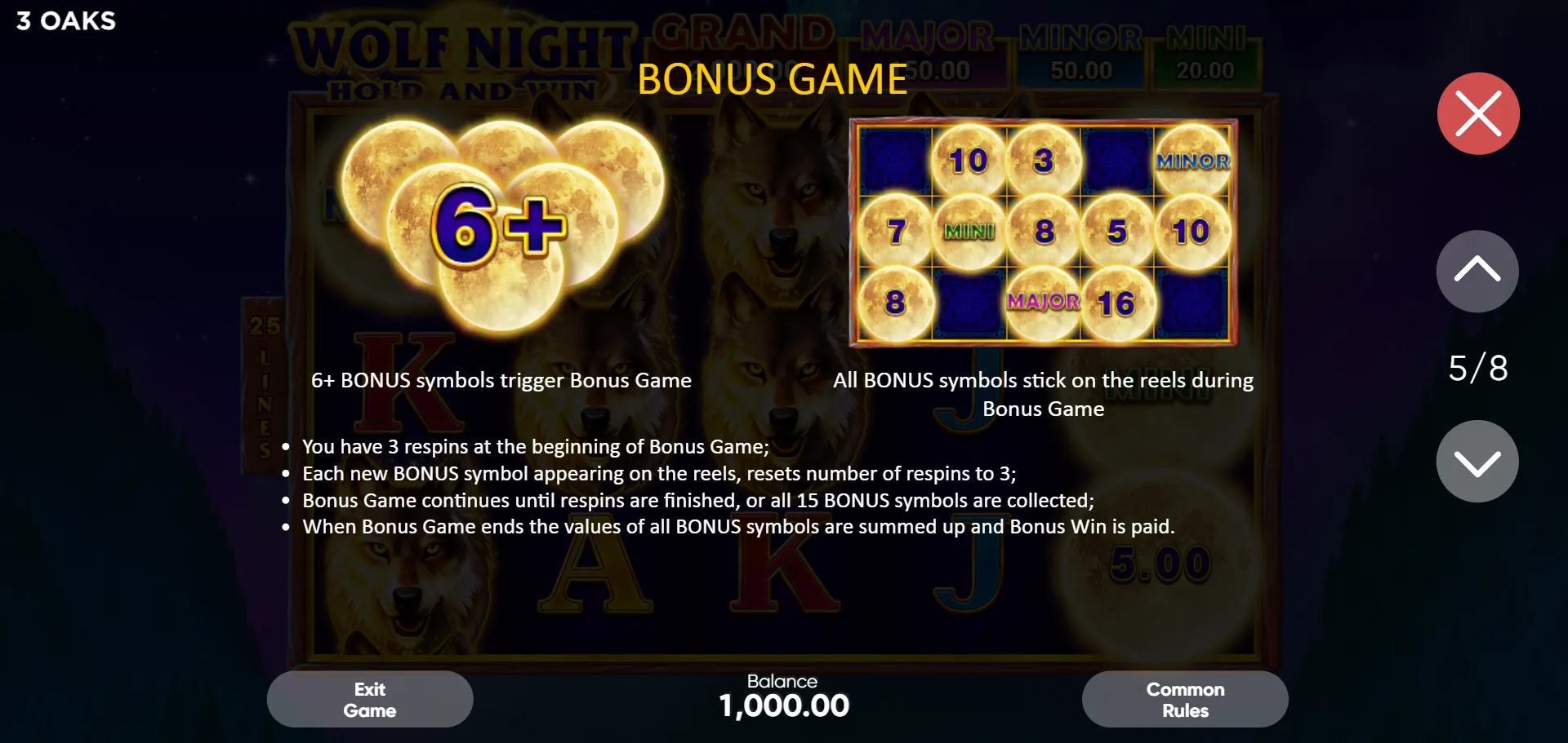 Wolf Night Bonus Game rules - 6 or more BONUS symbols trigger the Bonus Game, all BONUS symbols stick on the reels
